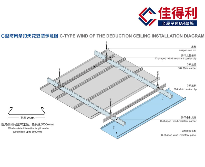 鋁條扣板天花C型防風(fēng)鋁條扣安裝示意圖